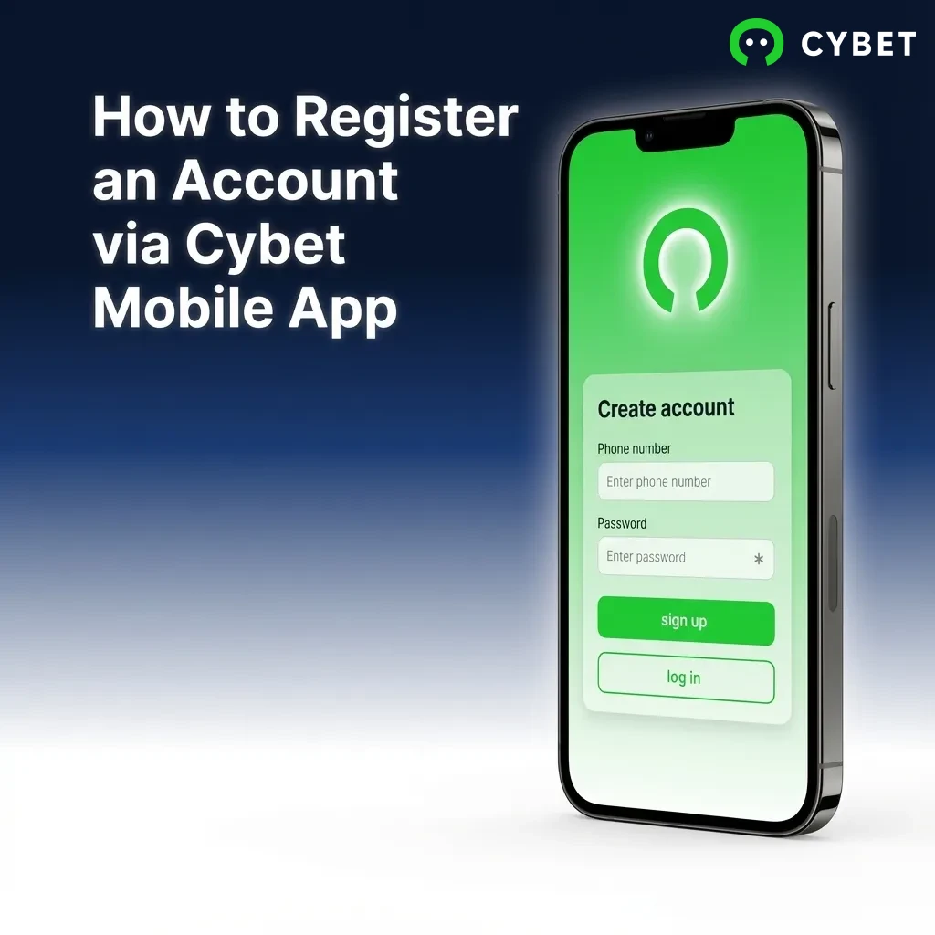Step-by-step mobile registration screen showing Cybet app sign-up process with form fields and verify button