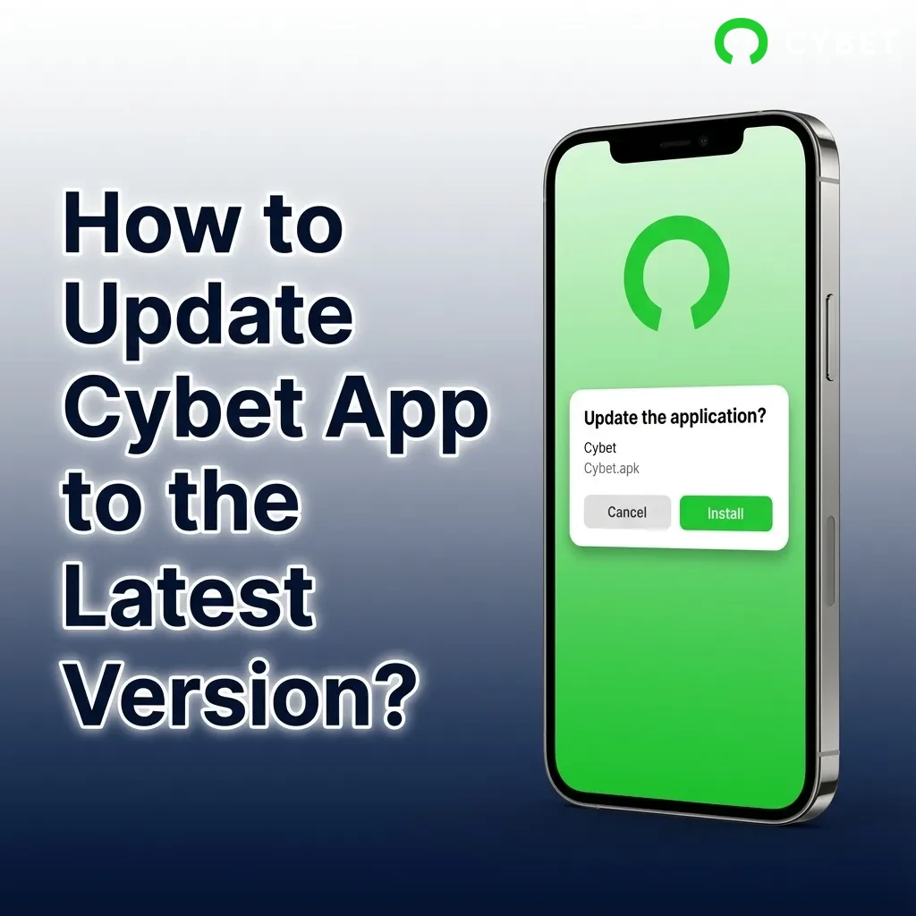 Person updating Cybet app on smartphone showing download progress and version notification screen