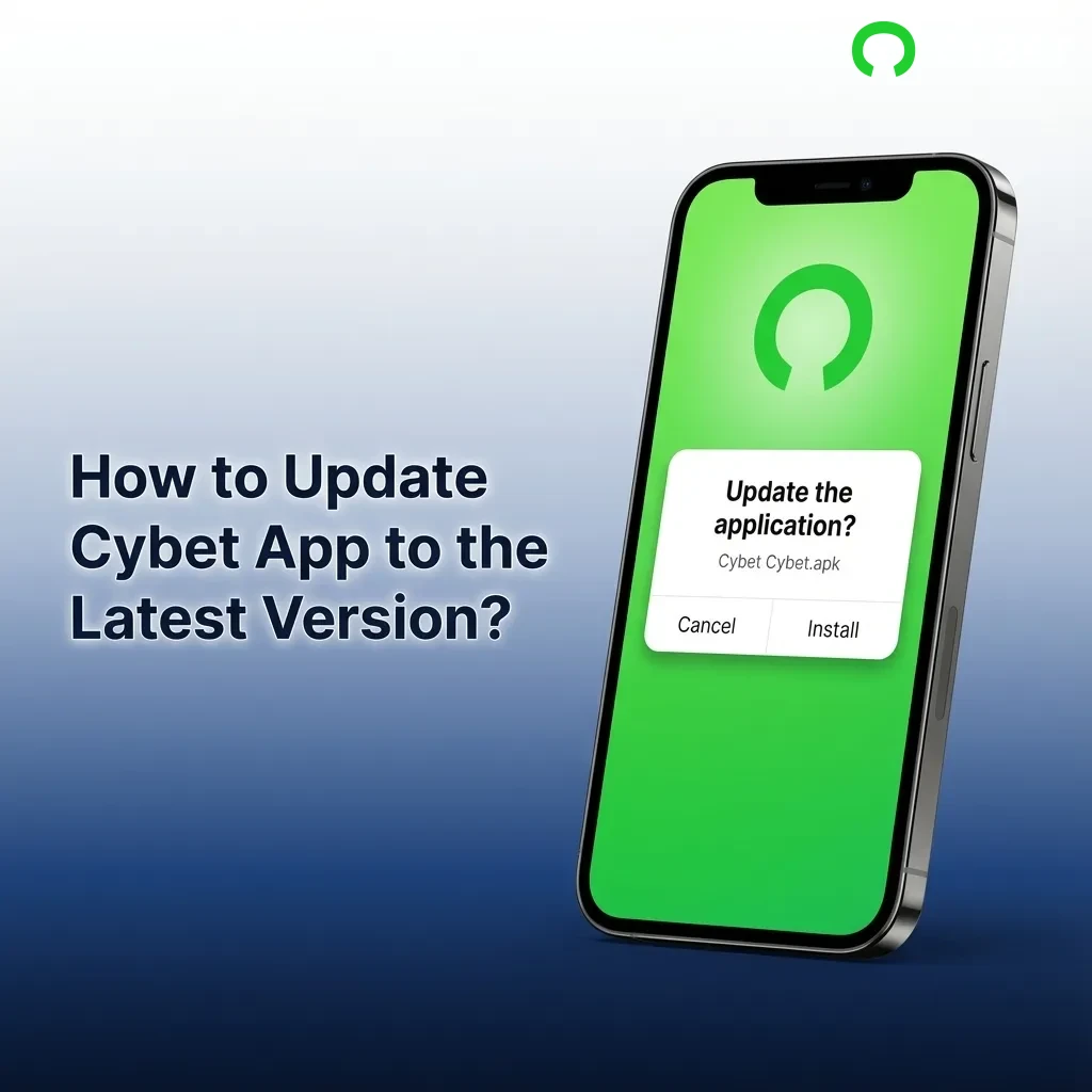 Person tapping update notification on smartphone to download latest Cybet app version with settings menu visible