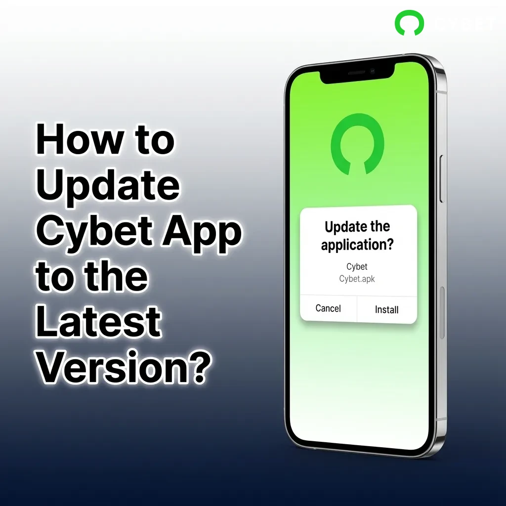 Smartphone screen showing Cybet app update notification with download button in settings menu