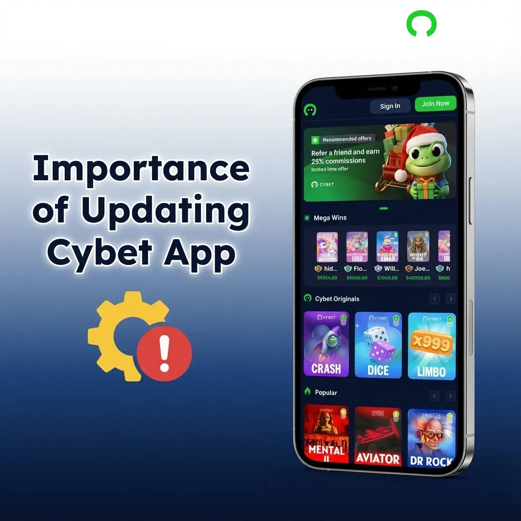 Smartphone displaying Cybet app update notification with security icons and enhanced features for improved betting performance