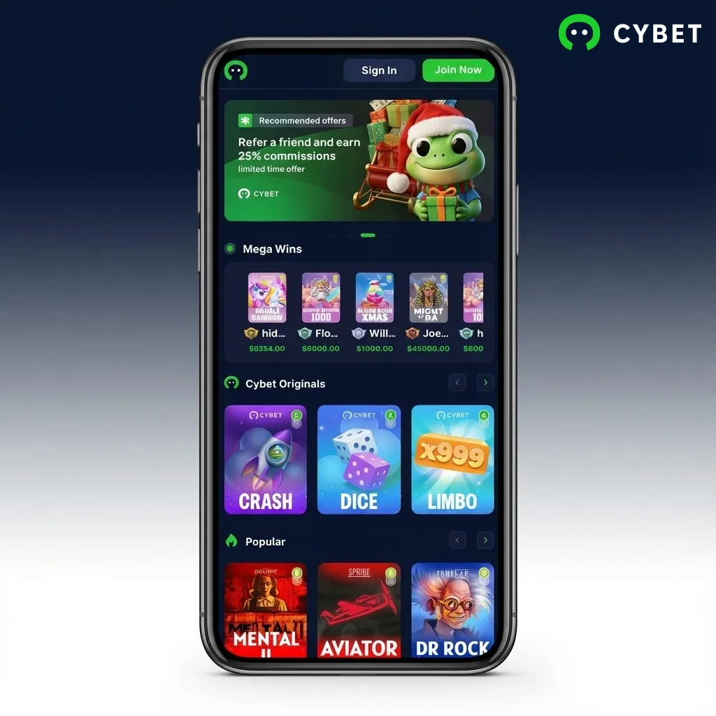 Interface do aplicativo Cybet mostrando menu inferior com apostas ao vivo, cassino, promoções e saldo em tela responsiva