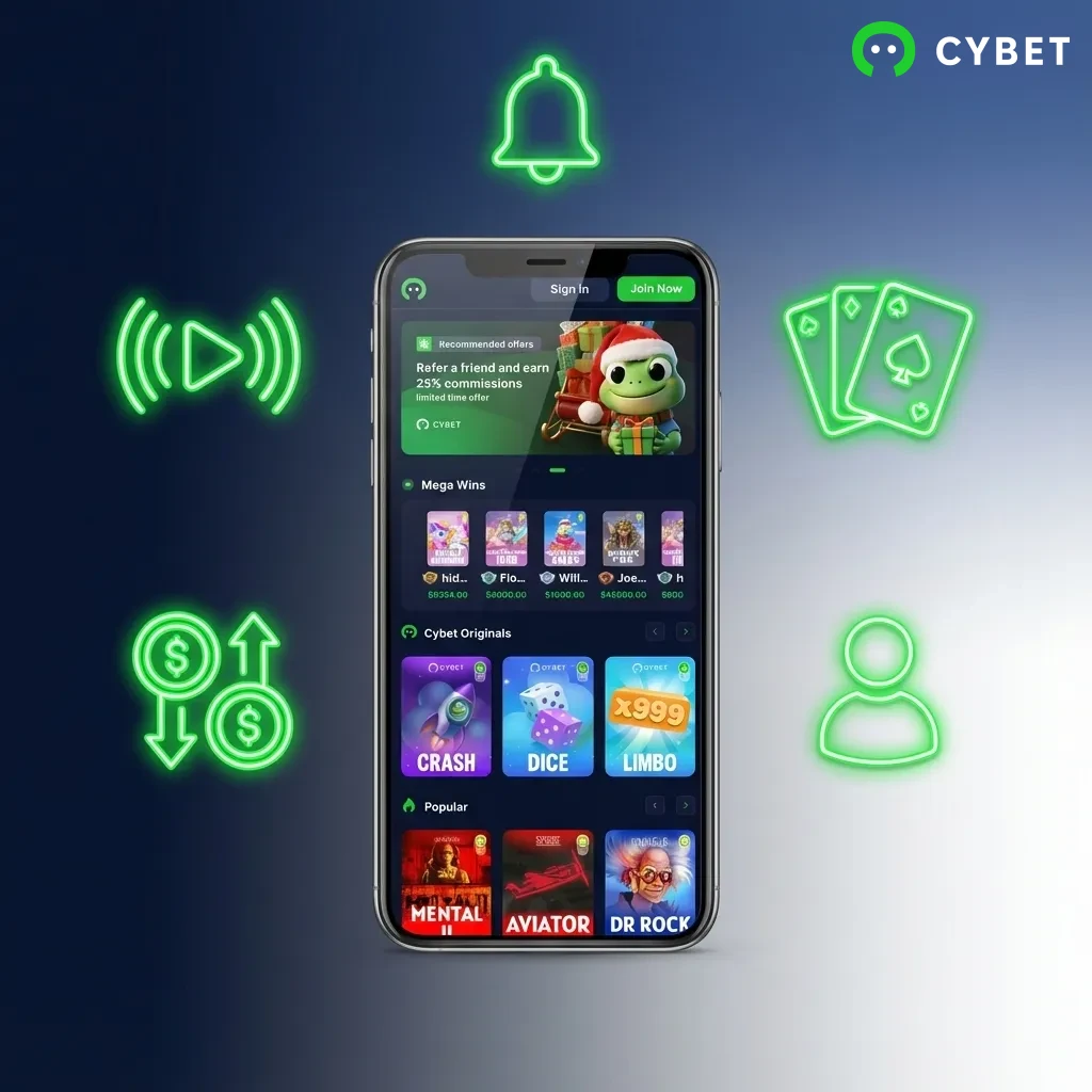 Cybet mobile app interface showing cryptocurrency betting, casino games, live sports, and fast withdrawal features