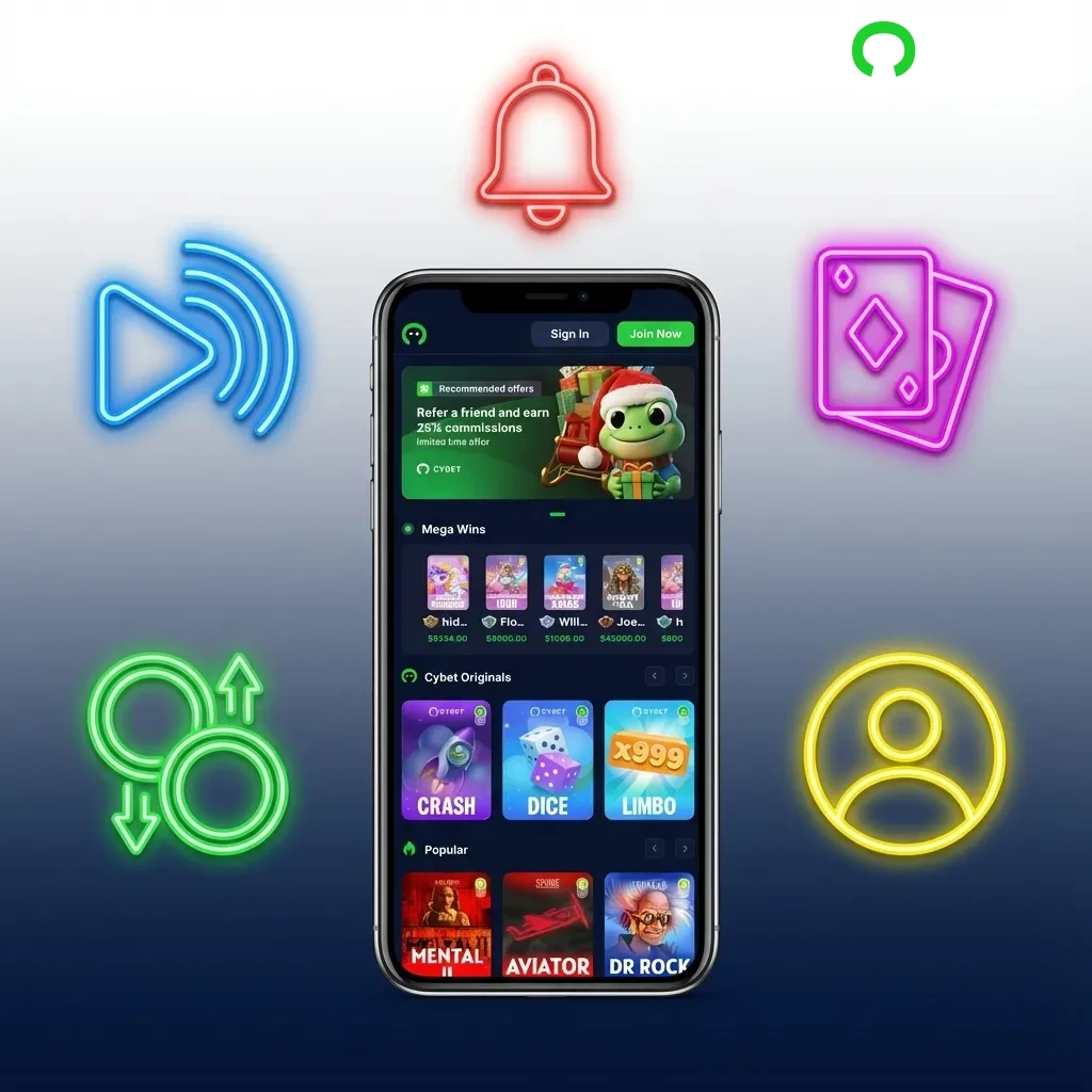 Cybet mobile app interface showing betting features, payment options, and casino games for Canadian users