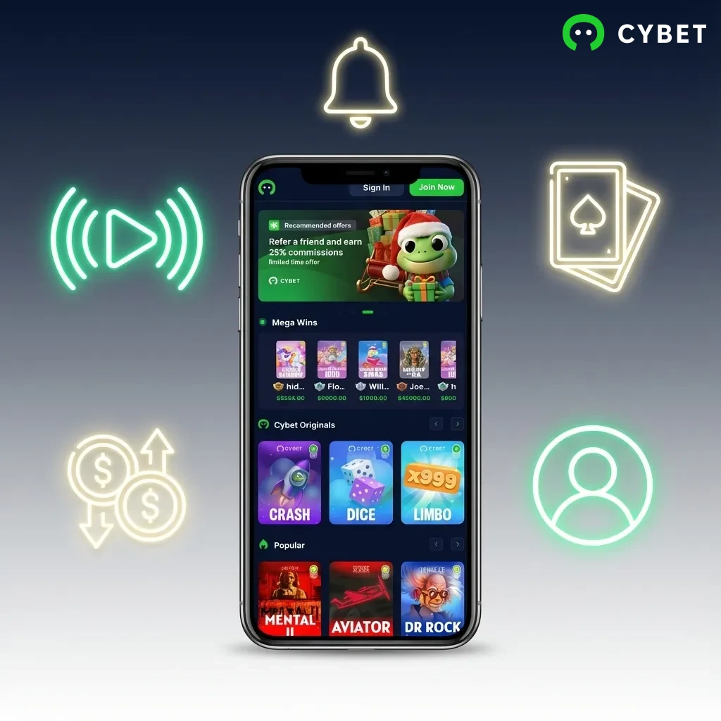 Cybet mobile app interface showing betting options, casino games, payment methods, and biometric login features.