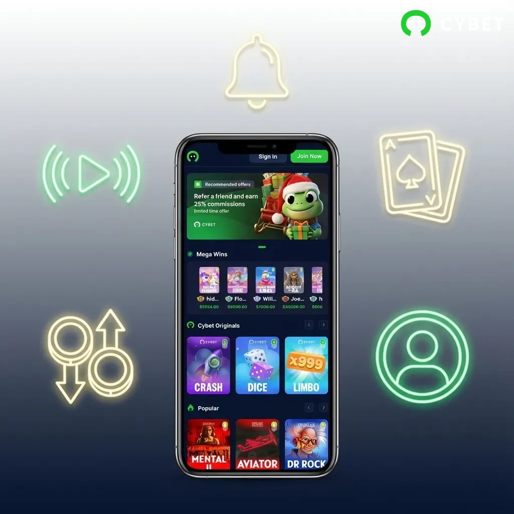 Cybet mobile app interface showing betting options, casino games, and crypto payment features on smartphone screen