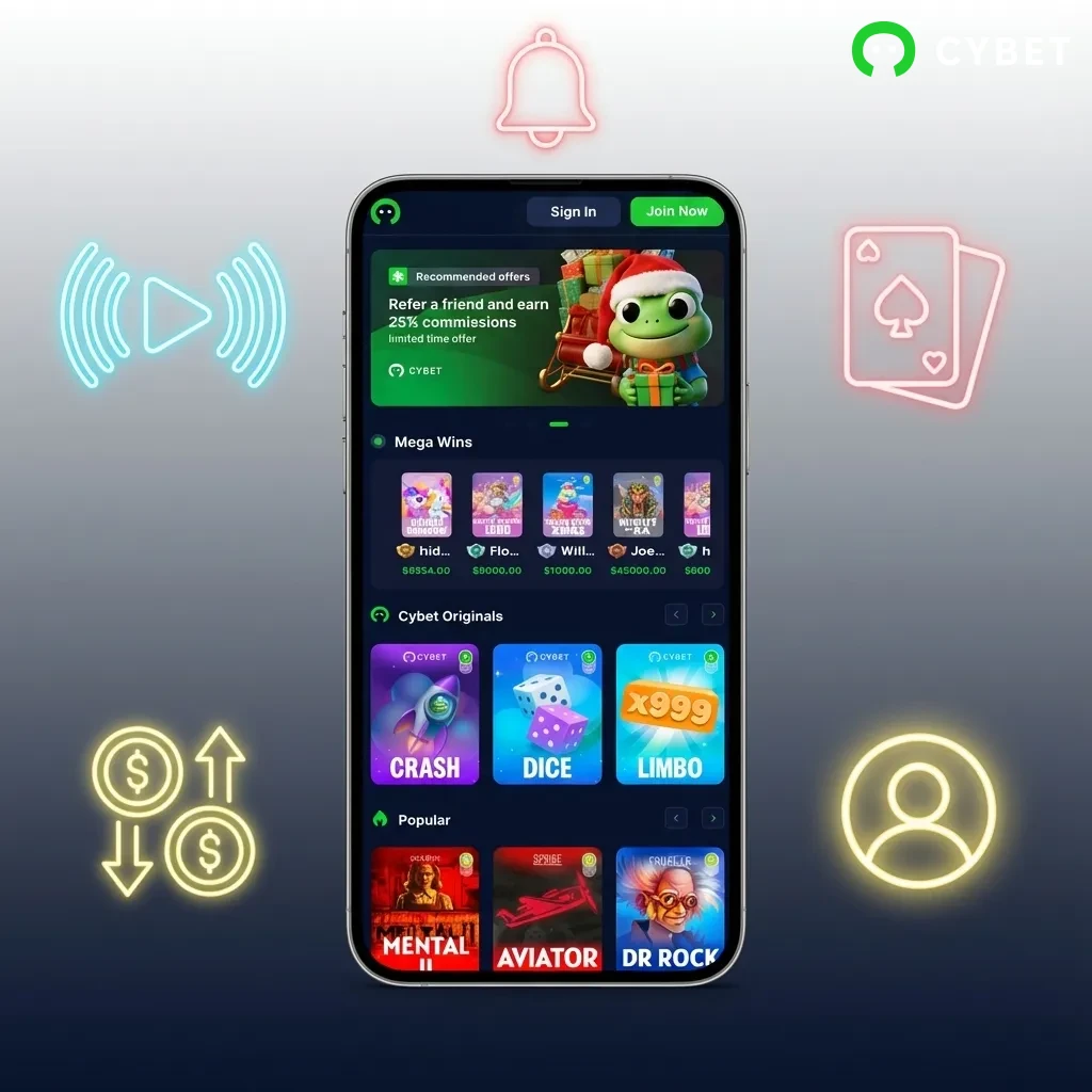 Cybet mobile app interface showing Indian payment options, casino games, sports betting, and security features for iOS users