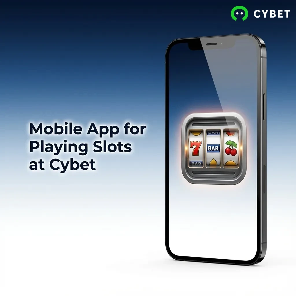 Smartphone displaying Cybet slot game app interface with navigation menu and spin controls for mobile gaming