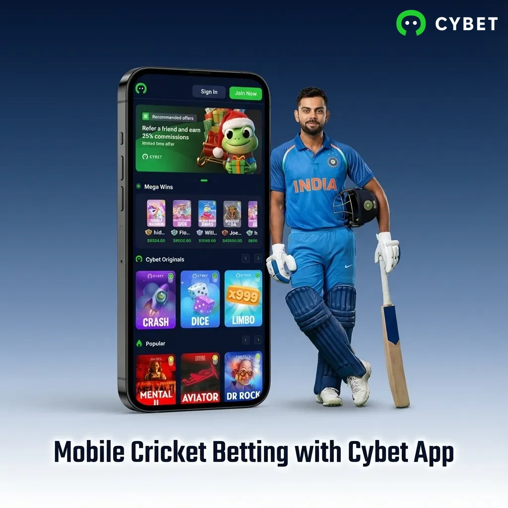 Person holding smartphone displaying Cybet cricket betting app interface with live match odds and betting options