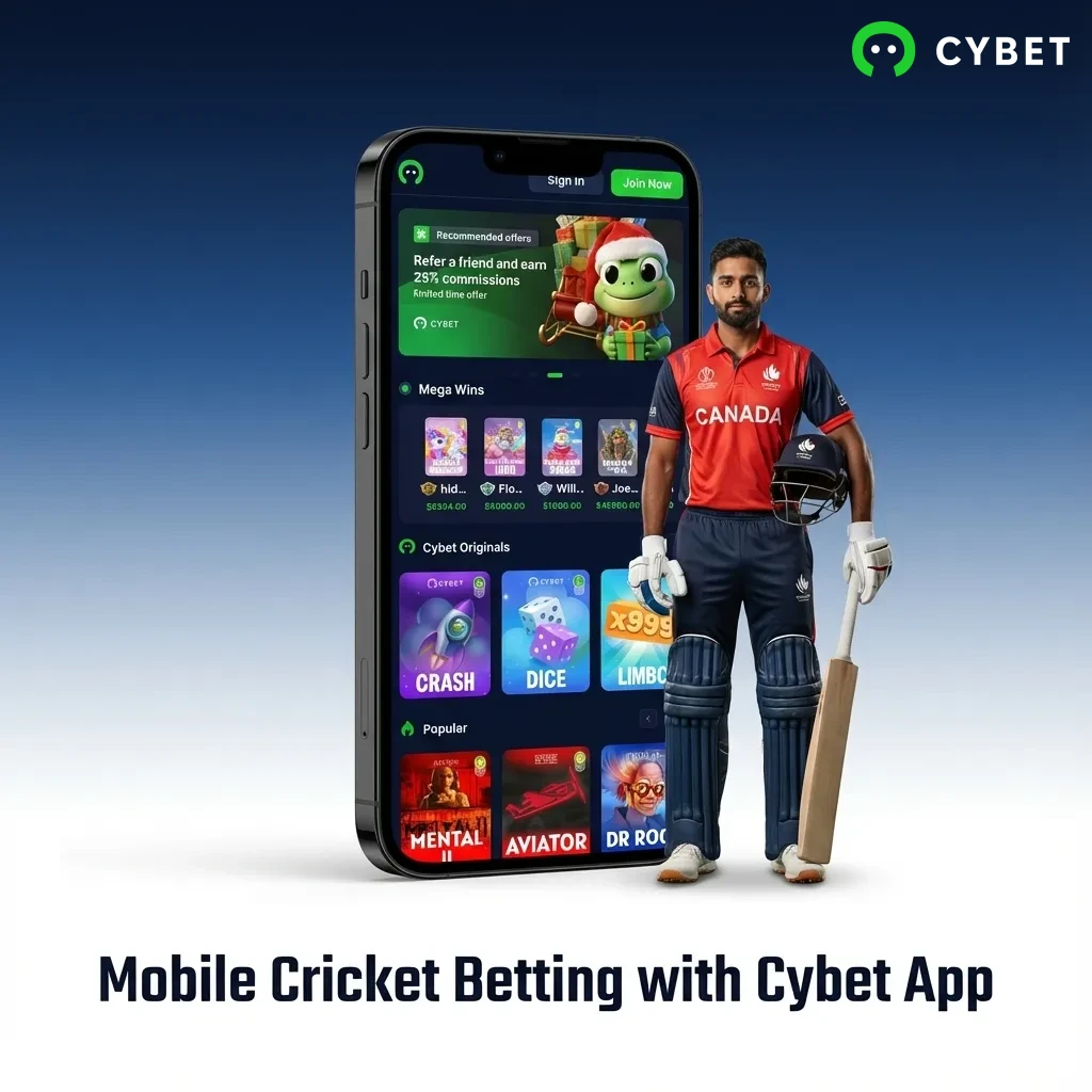 Person using smartphone to place cricket bets on Cybet mobile app with live odds displayed on screen