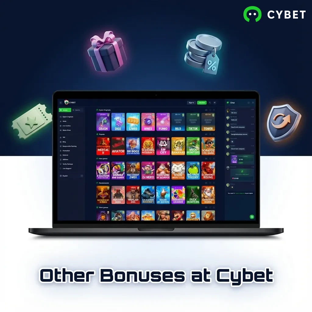 Cybet casino promotional offers including reload bonuses, cashback program, free spins, and VIP rewards for players