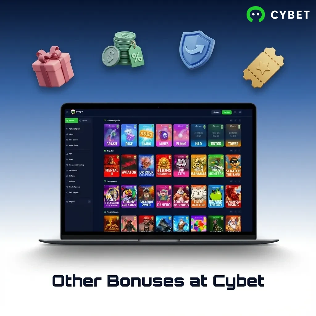 Cybet casino promotions including reload bonus, cashback offer, free bet Fridays, and VIP loyalty program rewards