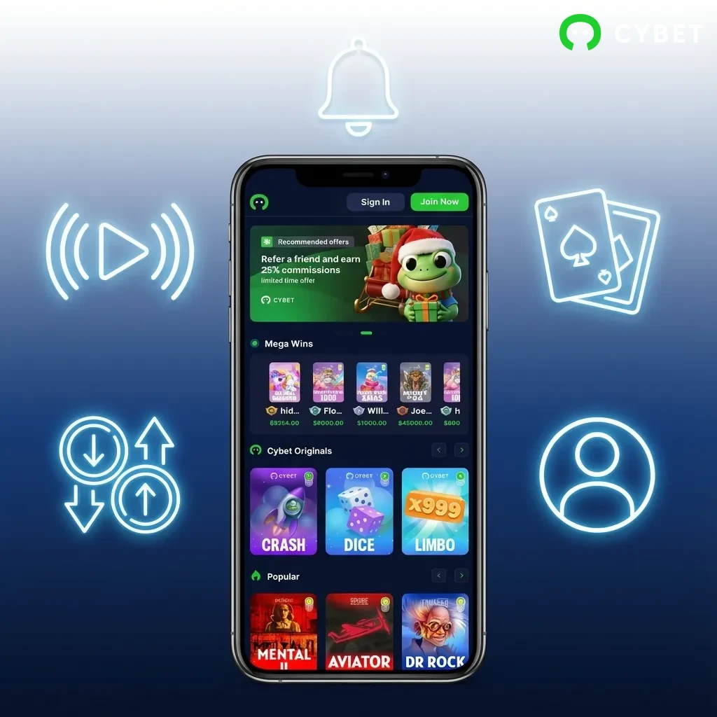 Tela de smartphone exibindo interface do app mobile da Cybet com opções de apostas e recursos de criptomoedas