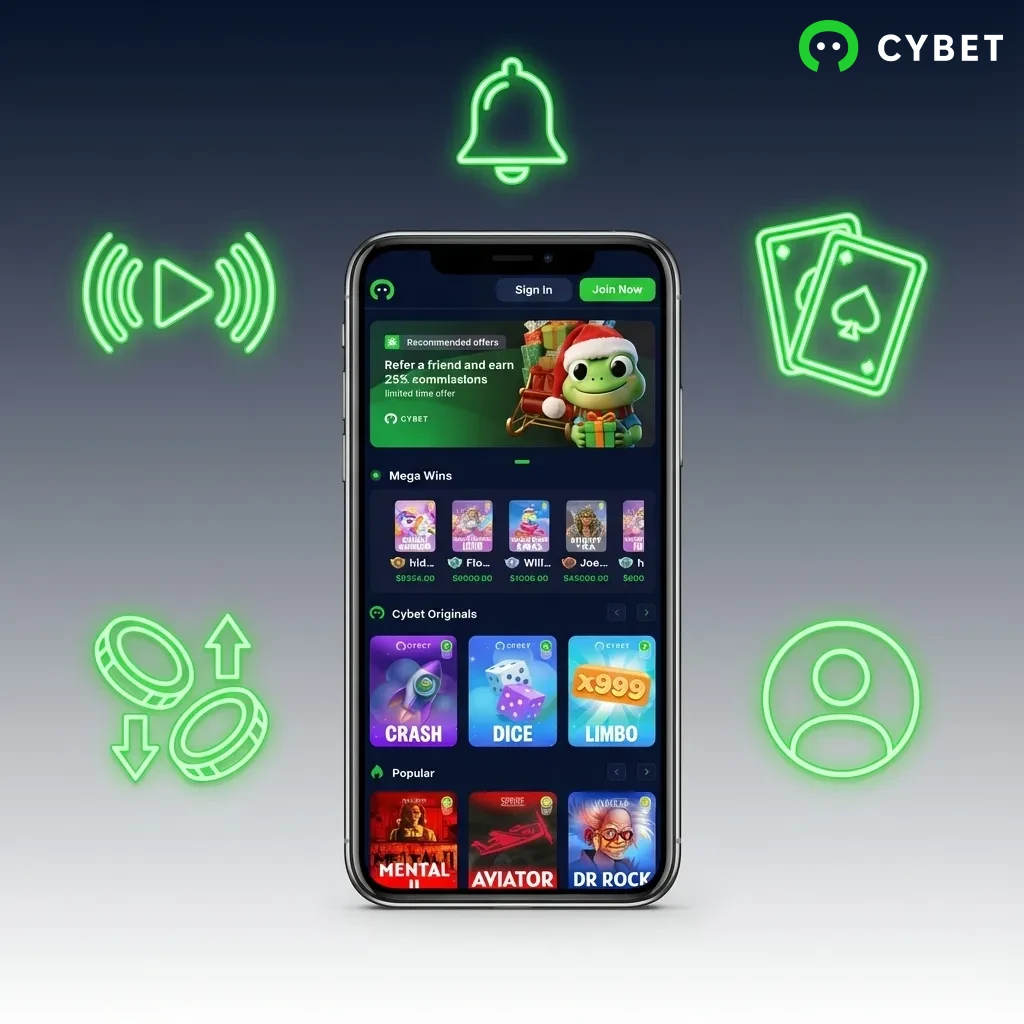 Interface do app móvel Cybet mostrando recursos como PIX, apostas ao vivo, slots e suporte em português brasileiro