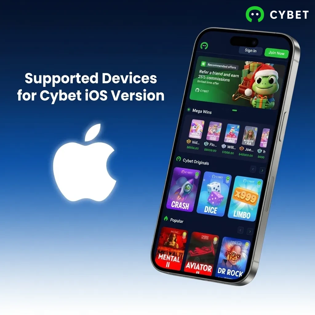 Cybet iOS app compatibility chart showing supported Apple devices including iPhone models 12-15 and iPad Pro/Air
