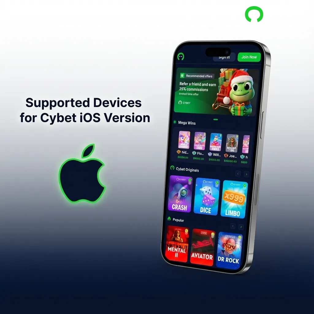 Cybet iOS app compatibility chart showing supported Apple devices including iPhone models 11-15, SE, iPad Air, Pro, and Mini