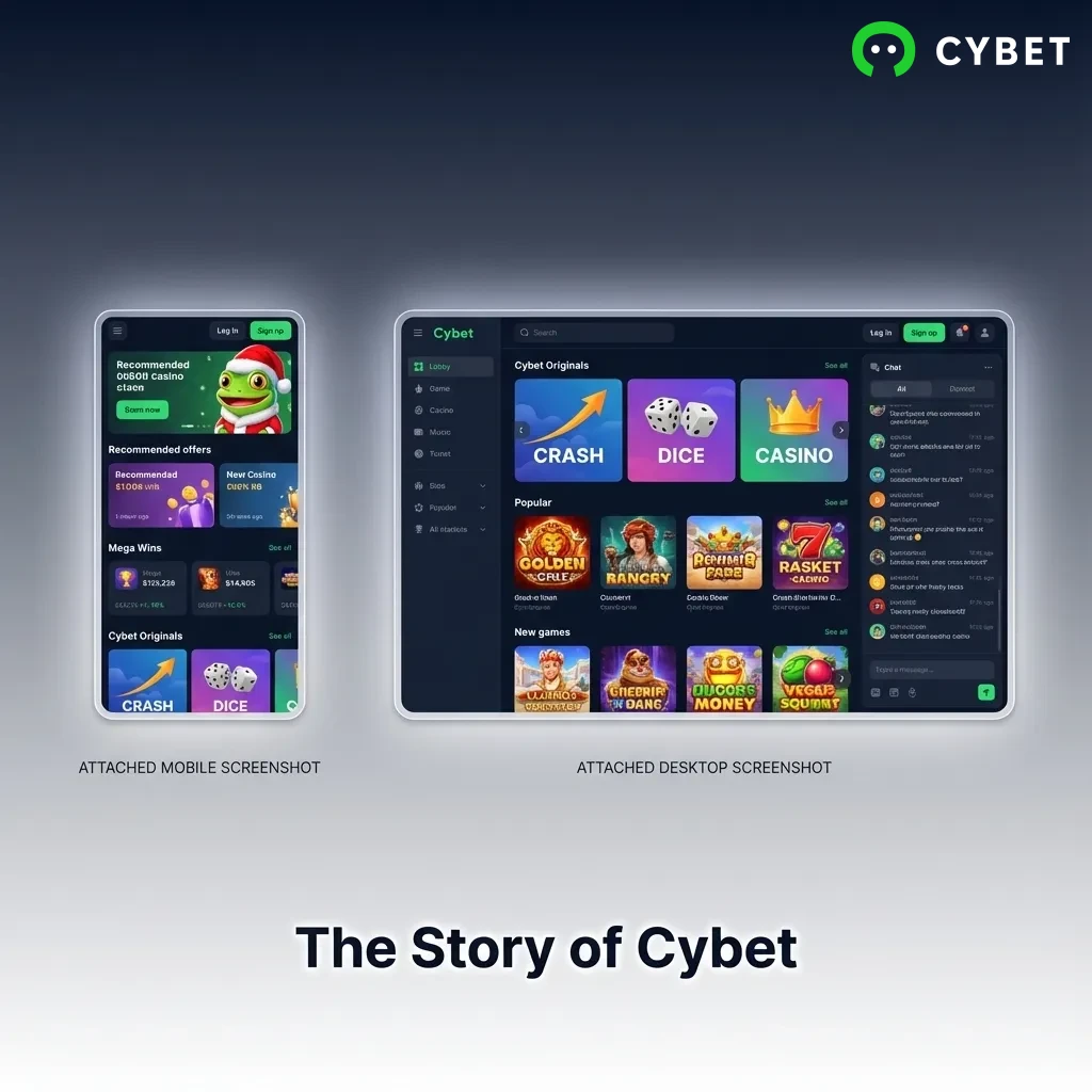 Cybet online gambling platform logo and interface showing sports betting options and casino games since 2019