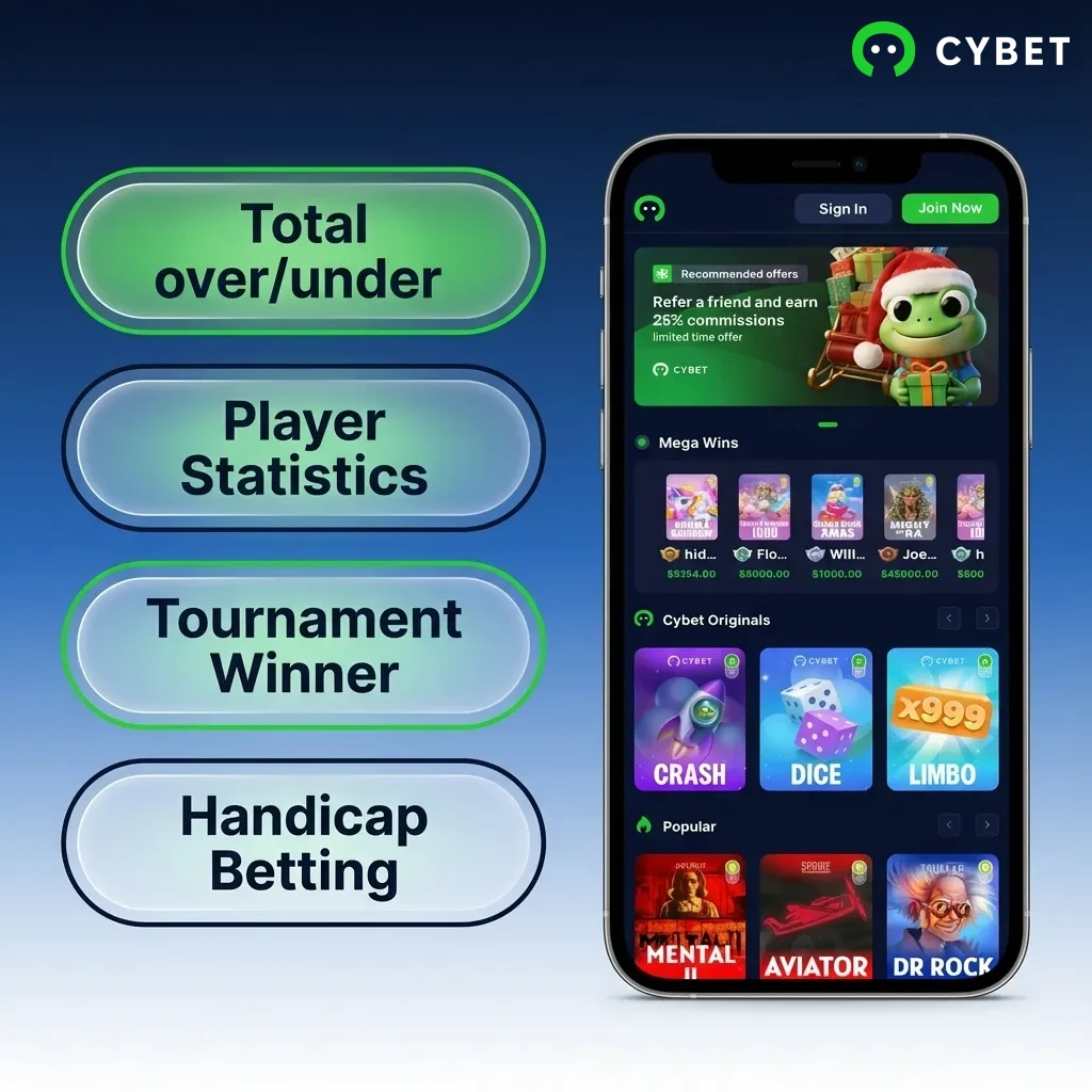 Illustration showing five betting options: Single Bet, Accumulator, System Bet, Line Bet, and Handicap Bet on Cybet's app