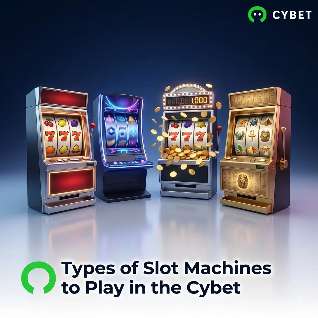 Colorful slot machine reels displaying various game types including classic, video, Megaways, and jackpot slots at Cybet casino