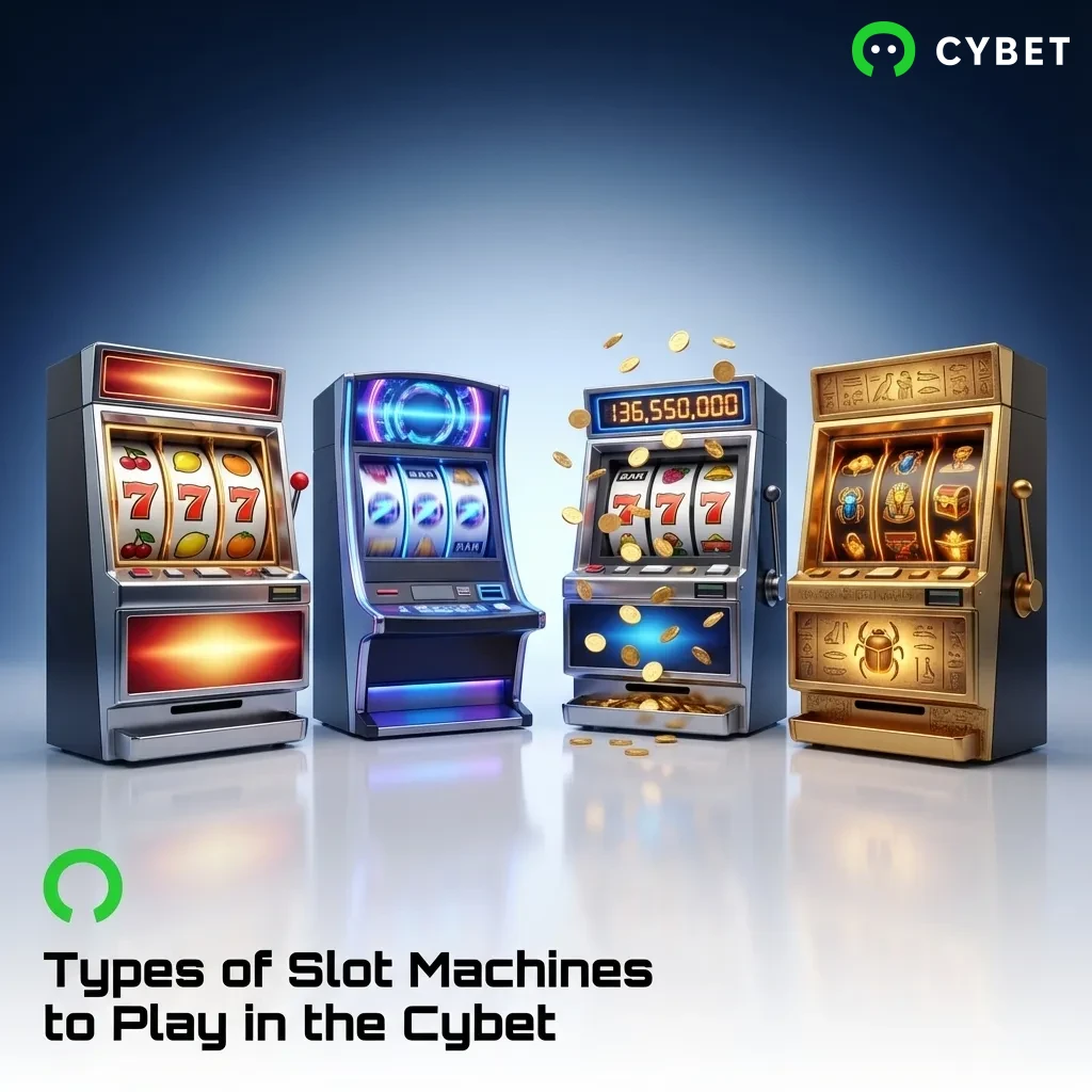 Various colorful slot machine types displayed in Cybet casino lobby including classic, video, megaways, and jackpot games