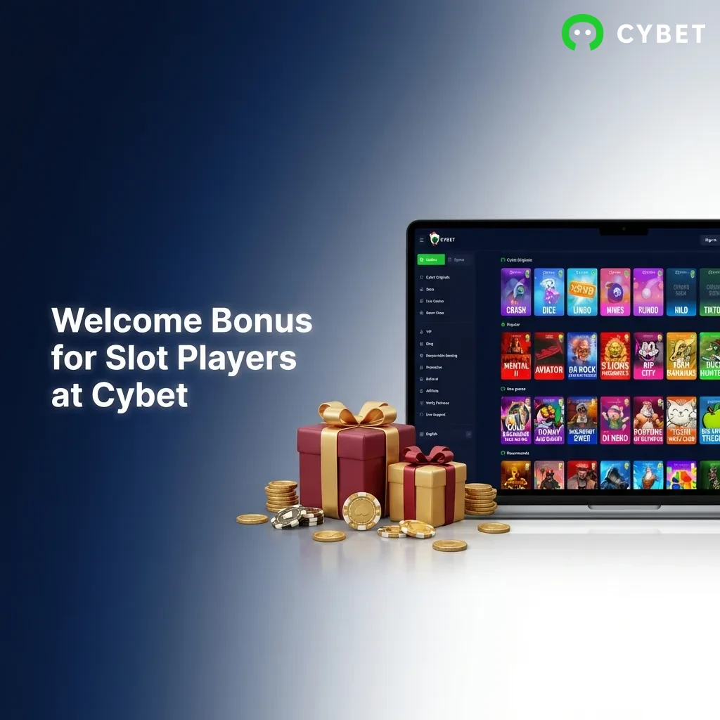 Cybet welcome bonus offer showing 100% match up to 500 USDT plus 50 free spins for new slot players