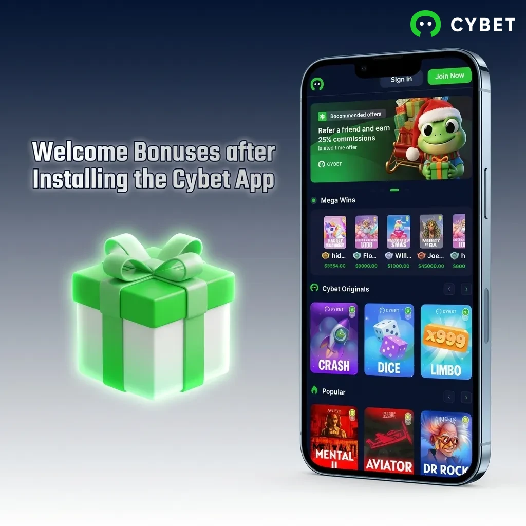 Cybet app welcome bonuses display showing 100% match up to 500 USDT plus 50 free spins for new players
