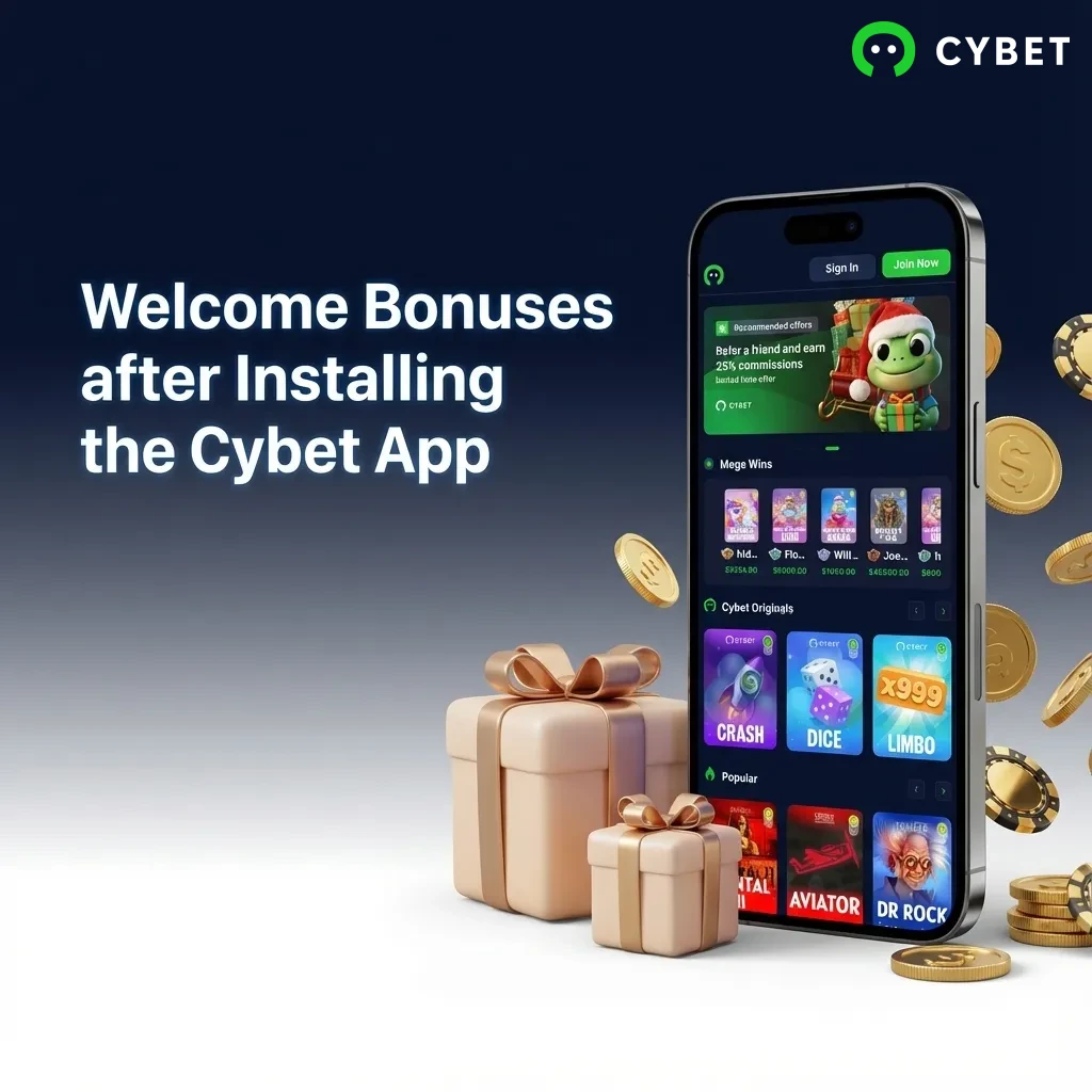 Cybet app welcome bonus display showing 100% match up to 500 USDT plus 50 free spins for new players