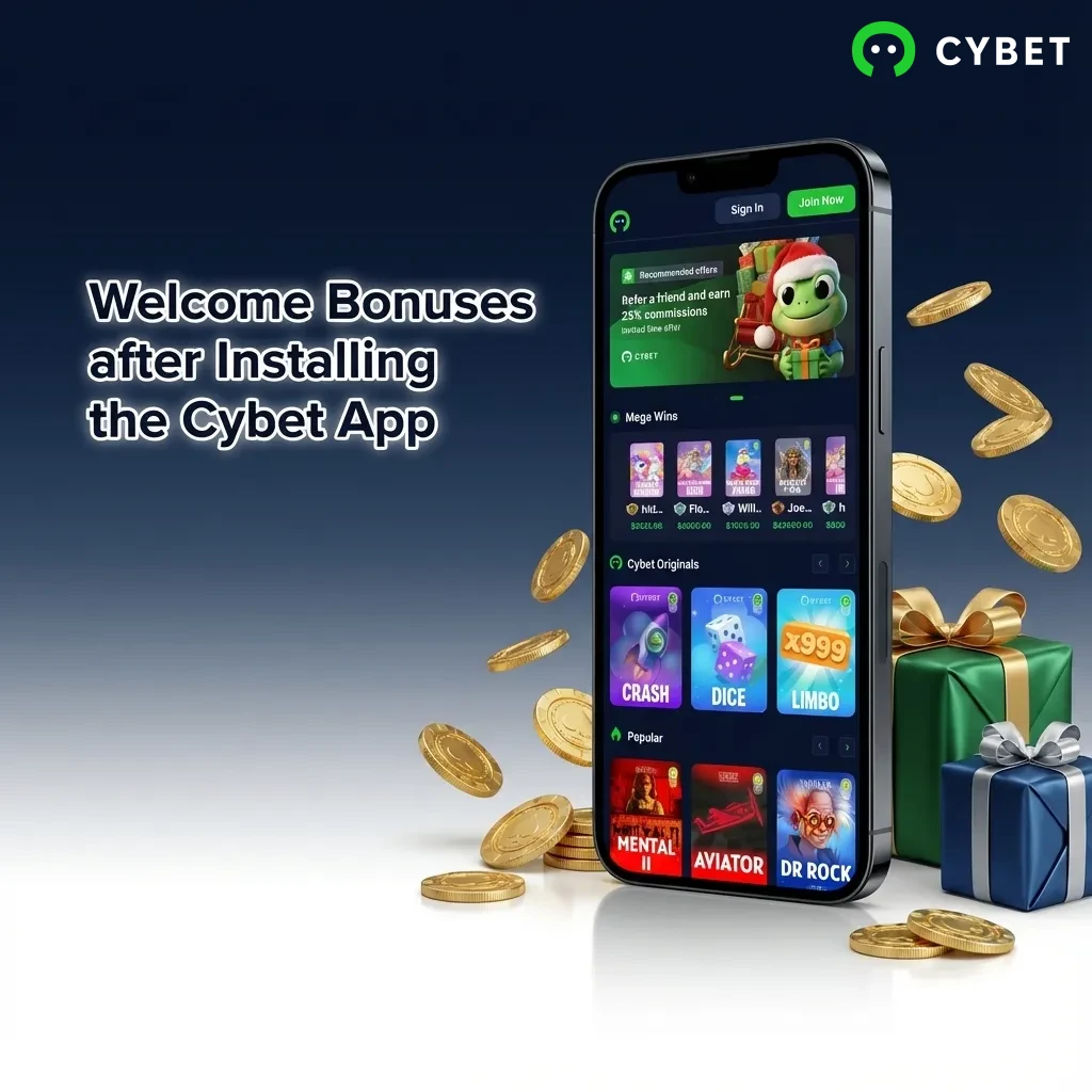 Cybet app welcome bonuses showing 100% match up to 500 USDT for casino and sportsbook plus 50 free spins