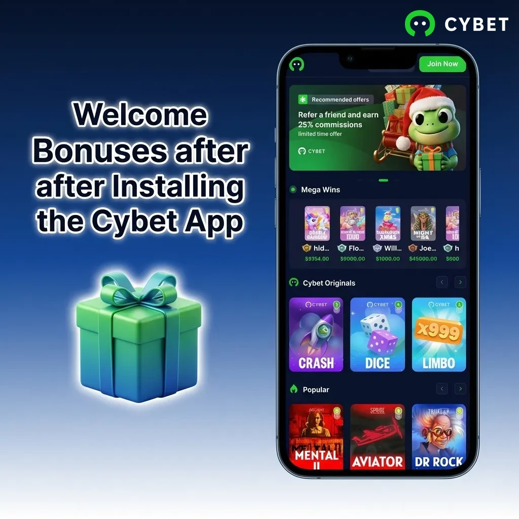 Cybet app welcome bonus offers displaying 100% match up to 500 USDT plus 50 free spins for new players