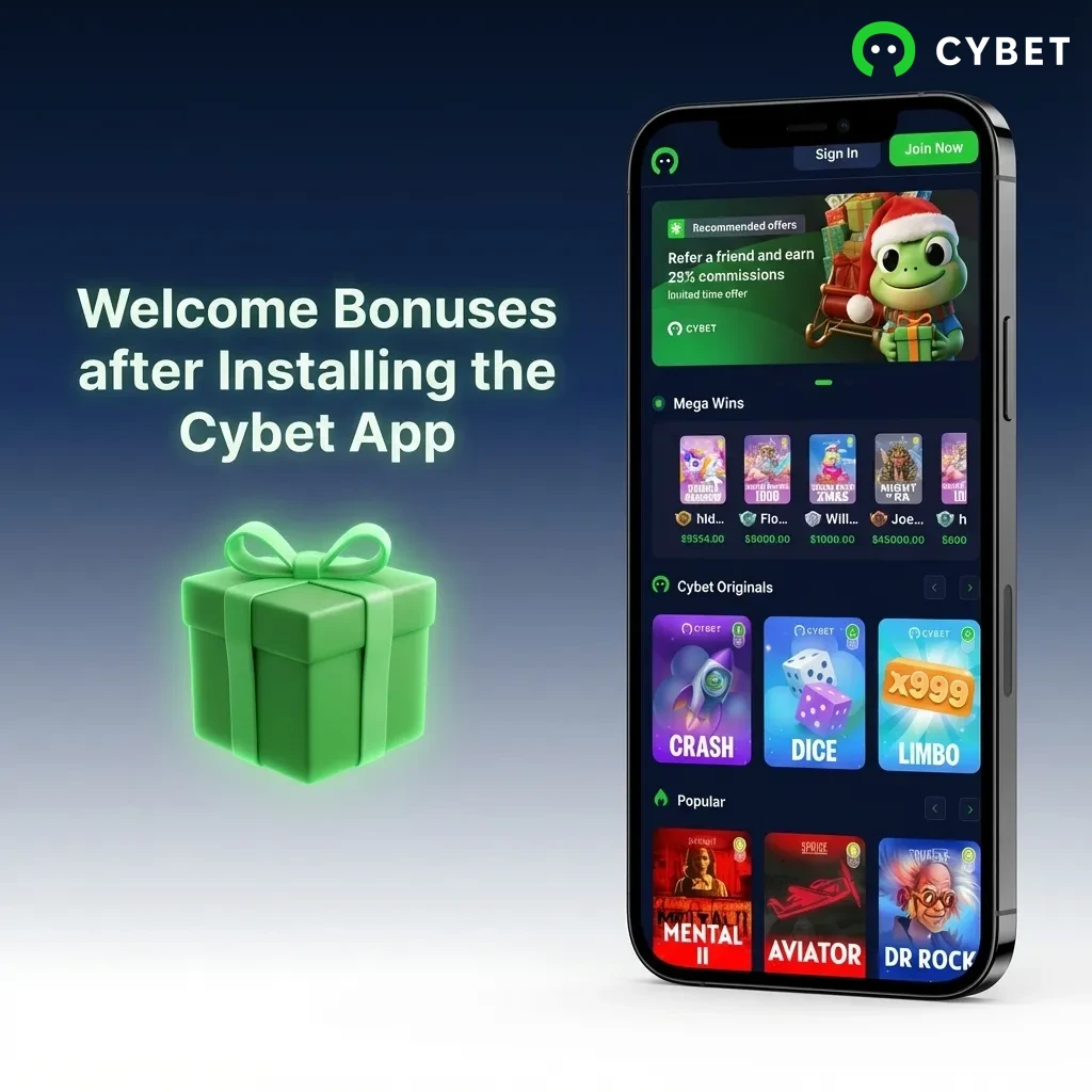 Cybet app welcome bonuses showing 100% match up to 500 USDT plus 50 free spins and other promotional offers