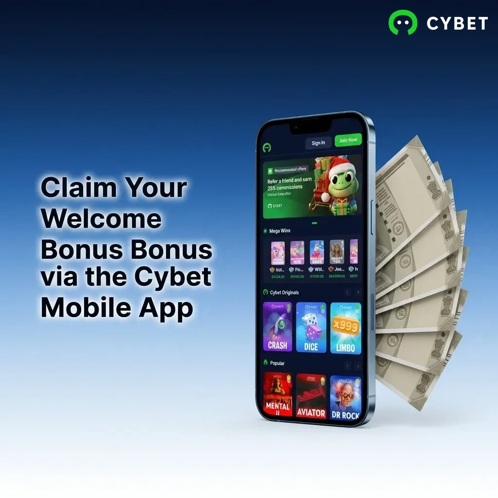 Cybet mobile app welcome bonus claim guide showing registration deposit and promotions steps on smartphone