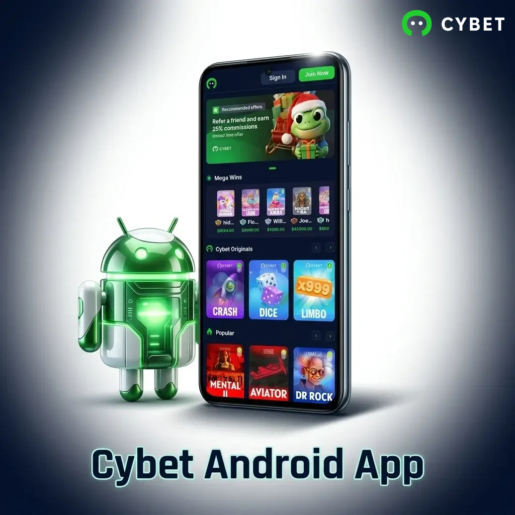 Cybet Android app interface showing sports betting and casino games available for free download on mobile