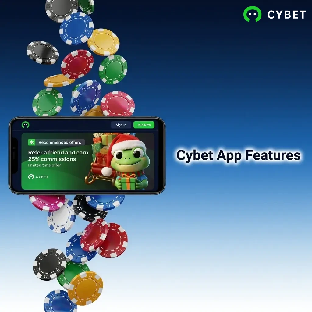 Cybet app features including live betting, casino games, UPI deposits, withdrawals, profile tools, and push notifications for Indian users