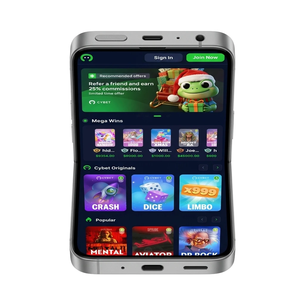 Cybet iOS app for India showing casino games and sports betting with INR support and 100% welcome bonus
