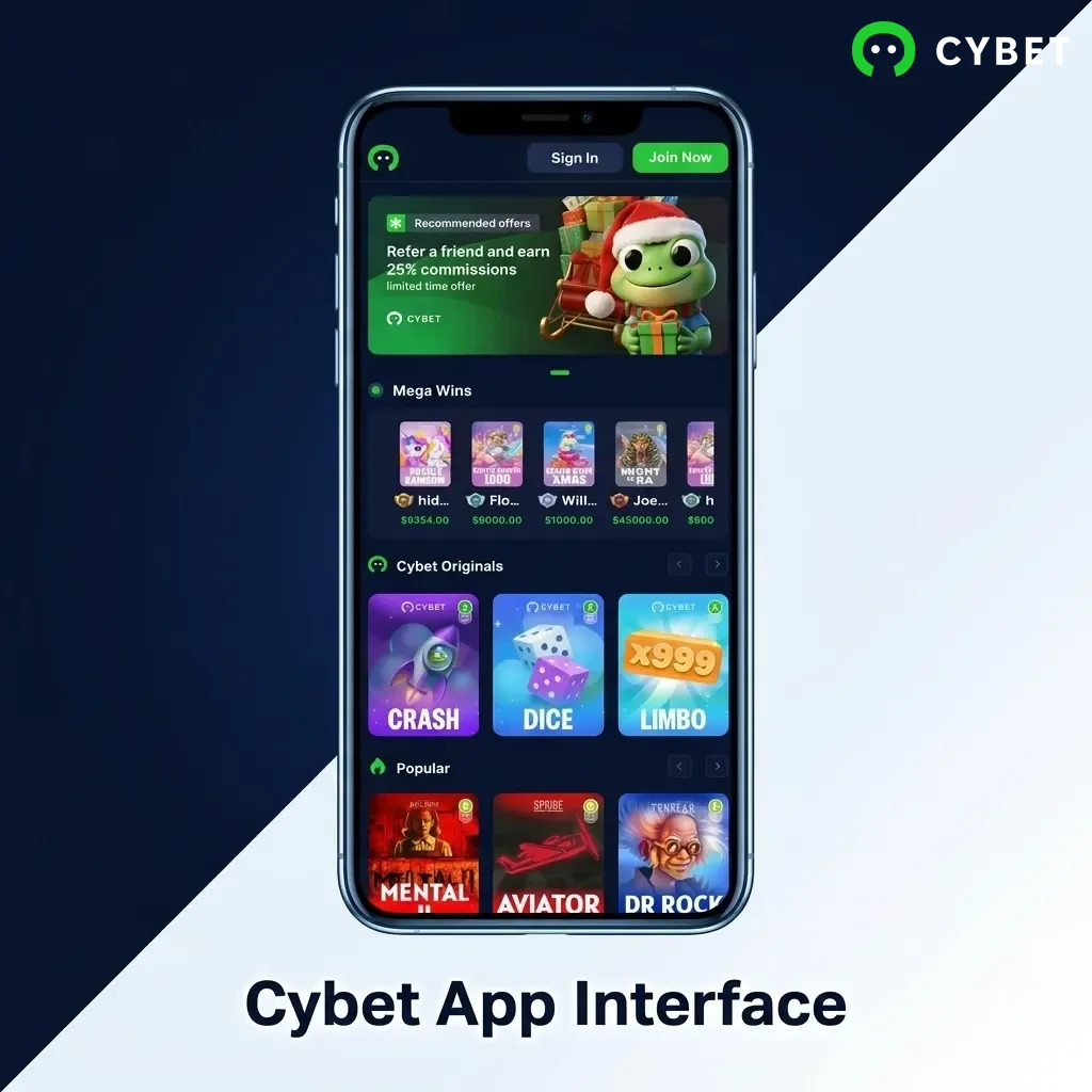 Cybet app interface showing clean navigation menu with Sports, Casino, Promotions and Account sections on mobile screen