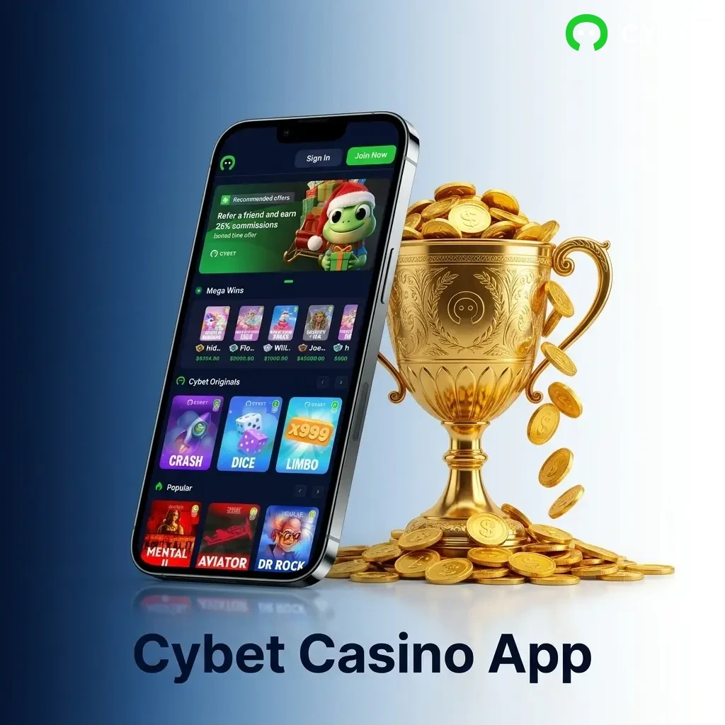 Cybet Casino App showing slots, live dealer games, and table games like blackjack, roulette, and baccarat on mobile