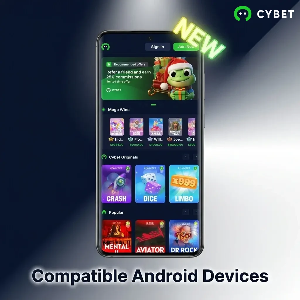 Compatible Android devices for Cybet app including Samsung, Redmi, Realme, OnePlus, Vivo, Oppo, and Poco models