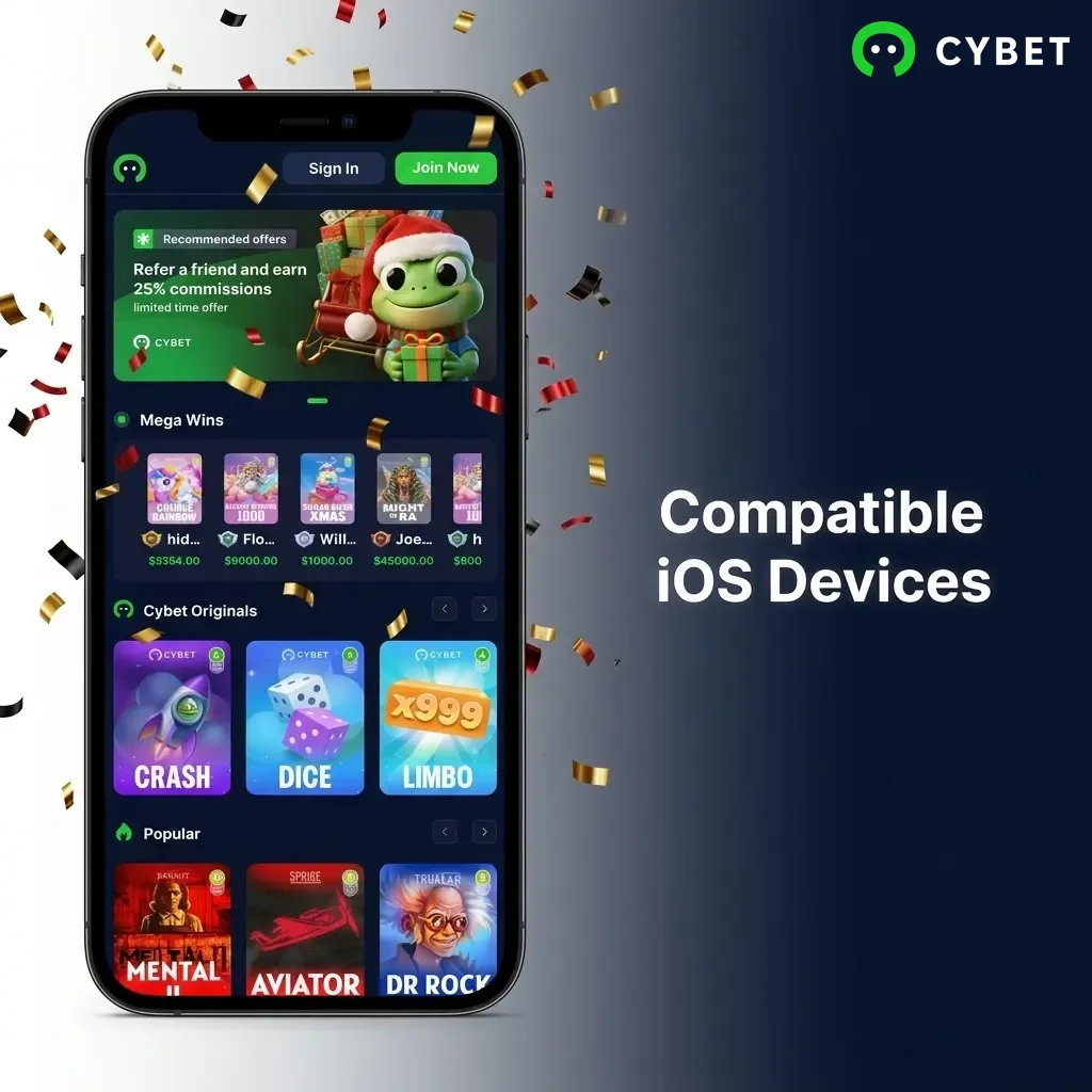 Cybet app compatible iOS devices list including iPhone X to 15 series and iPad models running iOS 12.0 or above