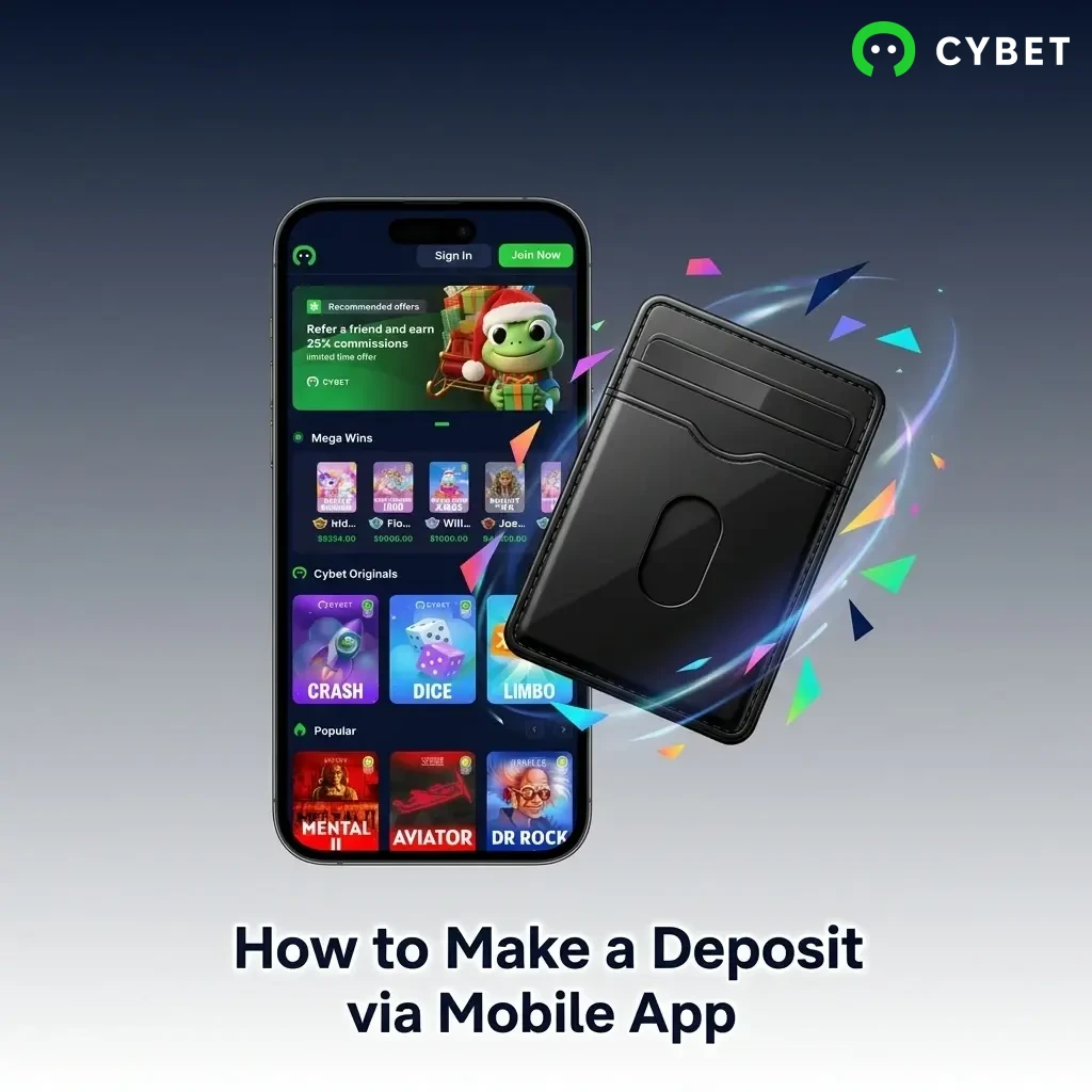 Cybet mobile app deposit steps showing cashier menu, cryptocurrency selection, wallet address and QR code scanning process