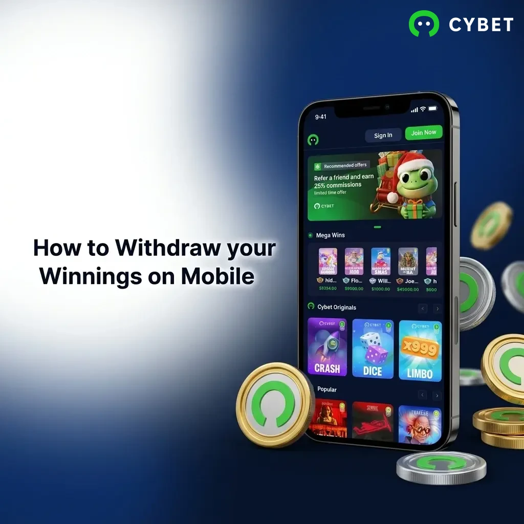 Cybet mobile withdrawal steps showing cashier section, crypto wallet address entry, and transaction confirmation process