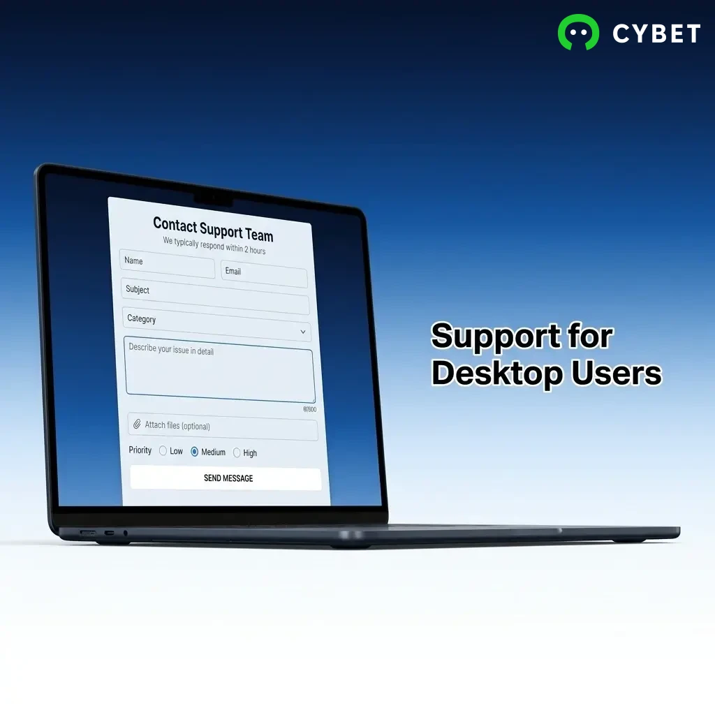 Cybet desktop app support options including live chat, email, phone, and social media contact methods