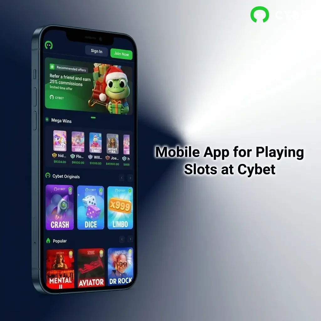 Cybet mobile app showing slot games lobby interface on smartphone screen for Android and iOS users