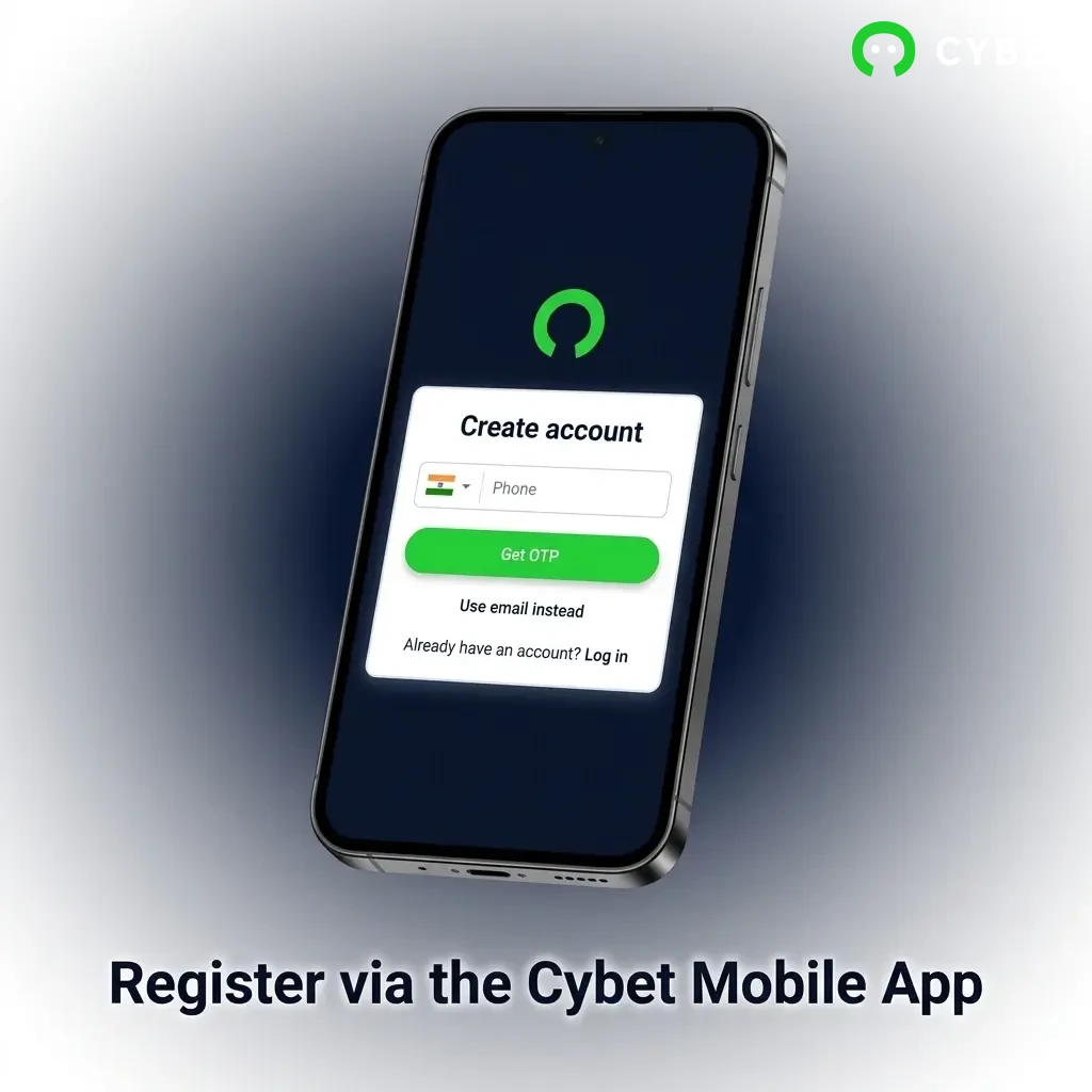 Cybet mobile app registration steps showing sign-up options including phone, email, social media, and one-click methods