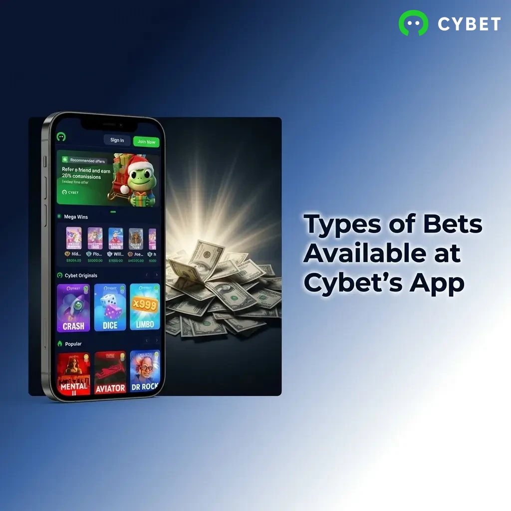 Cybet app bet types including single, accumulator, system, live in-play, and handicap bets for all punters
