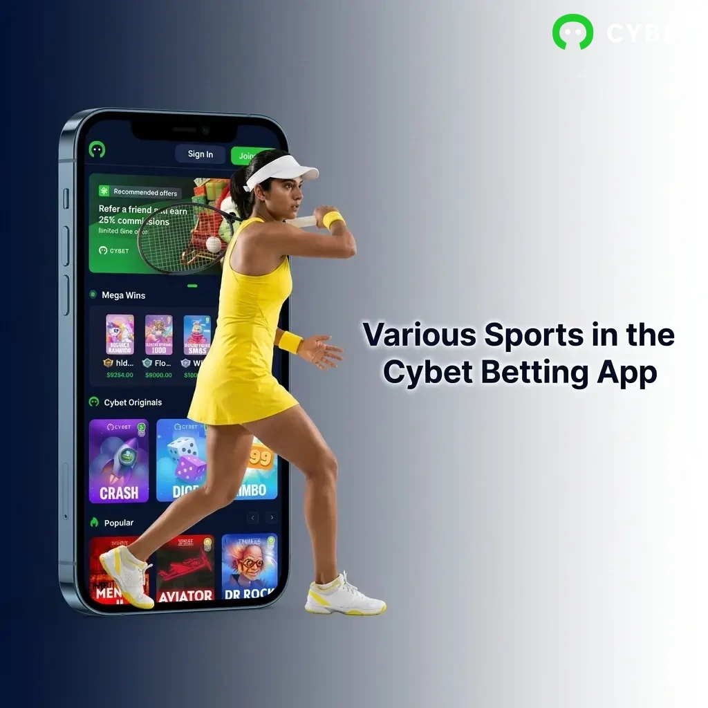 Cybet betting app sports menu showing cricket, football, tennis, basketball, kabaddi, esports and more betting options